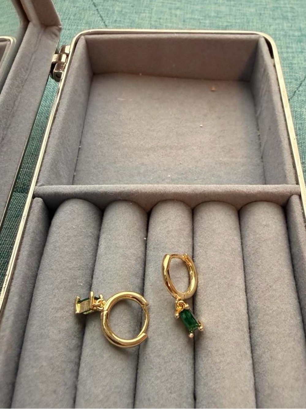 Source Unknown Gold Huggie Hoops with Green Rectangular Gem